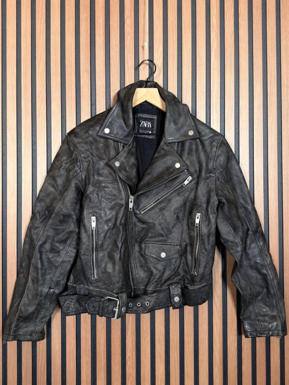 Zara Motorcycle Jacket Small Womens Gray Buffalo Leather Biker Moto Zip Up